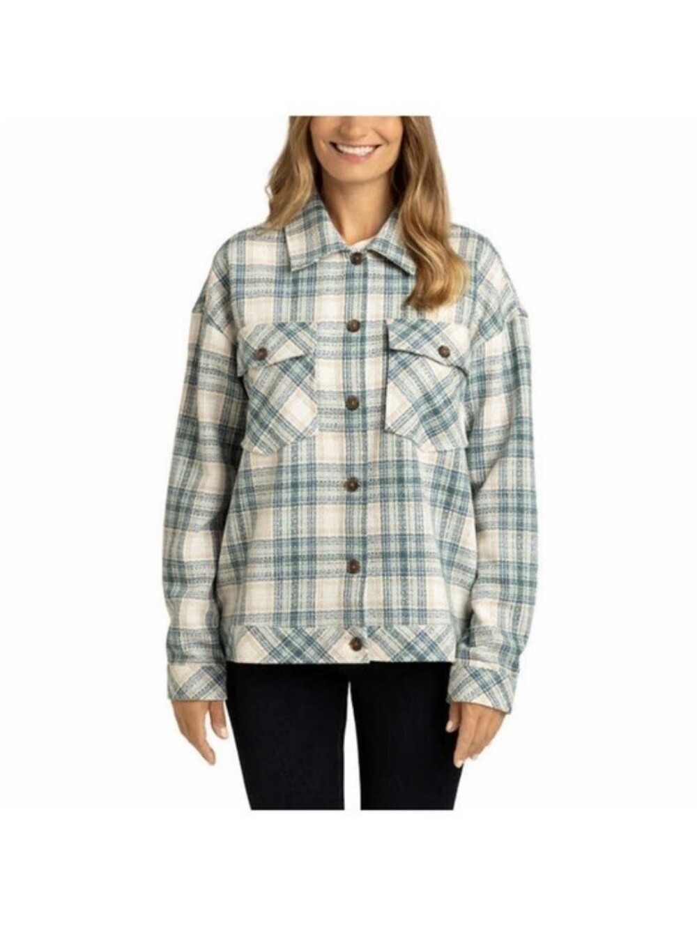 Boston Traders Plaid Shirt Jacket In Teal and Cream